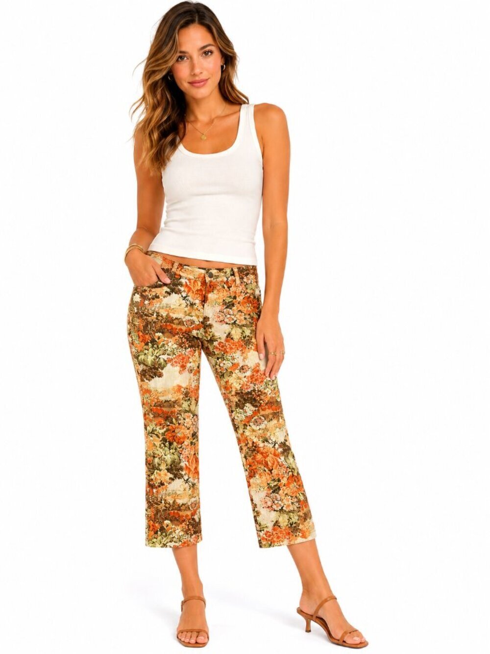 IRIT Low Rise Floral Crop Pants Stretch Lightweight Orange Cream Size 27
